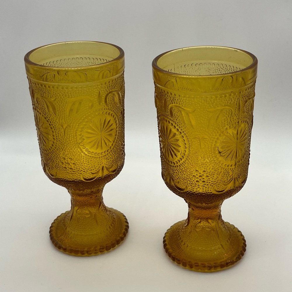 Set of 2 Vintage Brockway Glass Co American Concord Amber Footed Goblets 10 oz.